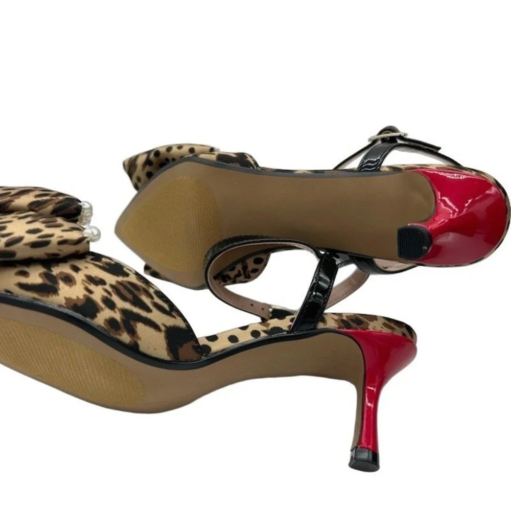Betsey Johnson Felipe Pumps Women's Size 6 Leopard Pearl Bow Kitten Heel Shoes - Picture 5 of 6